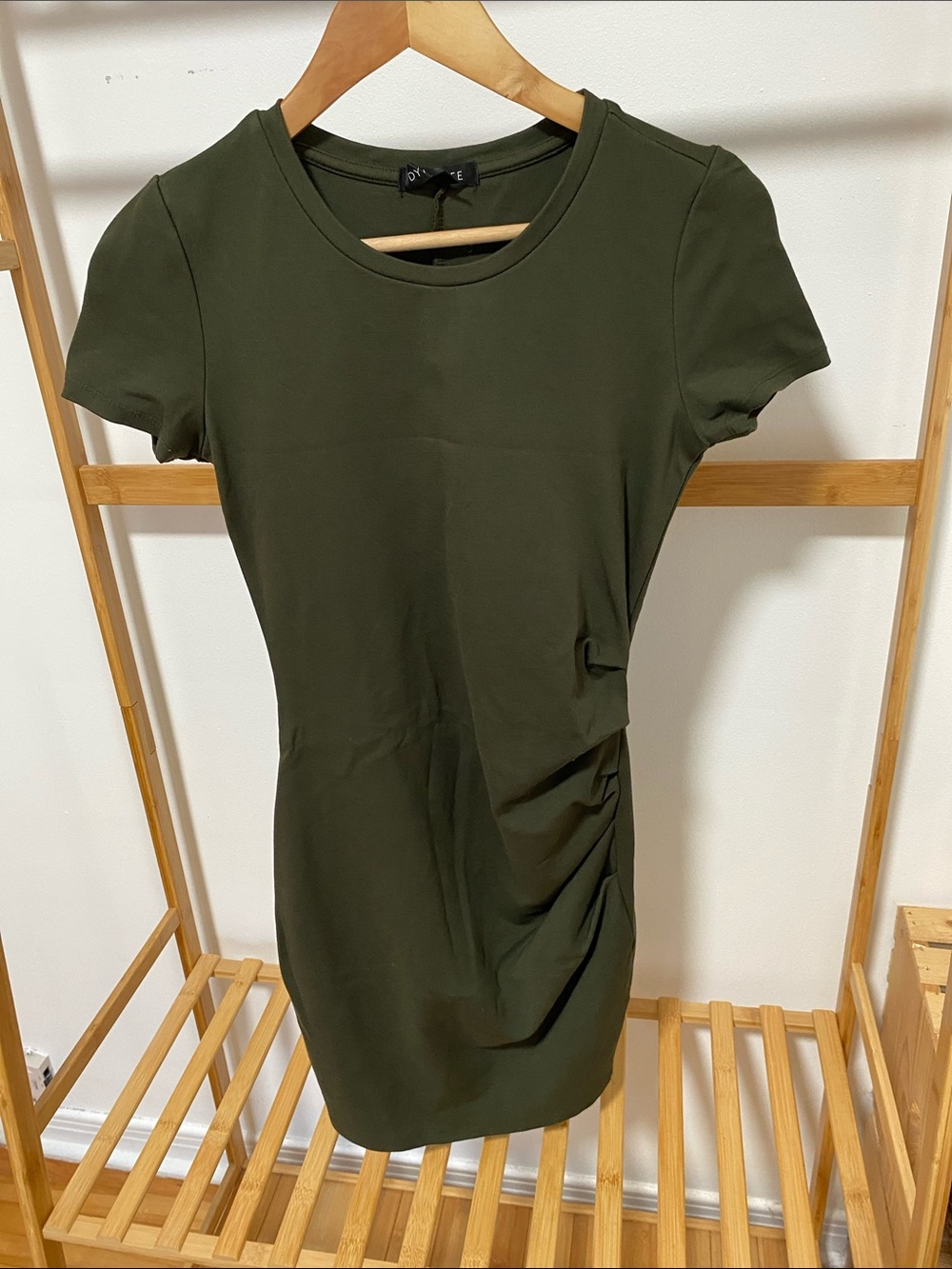 Dynamite Olive Green Short-Sleeve Ruched Mini Dress